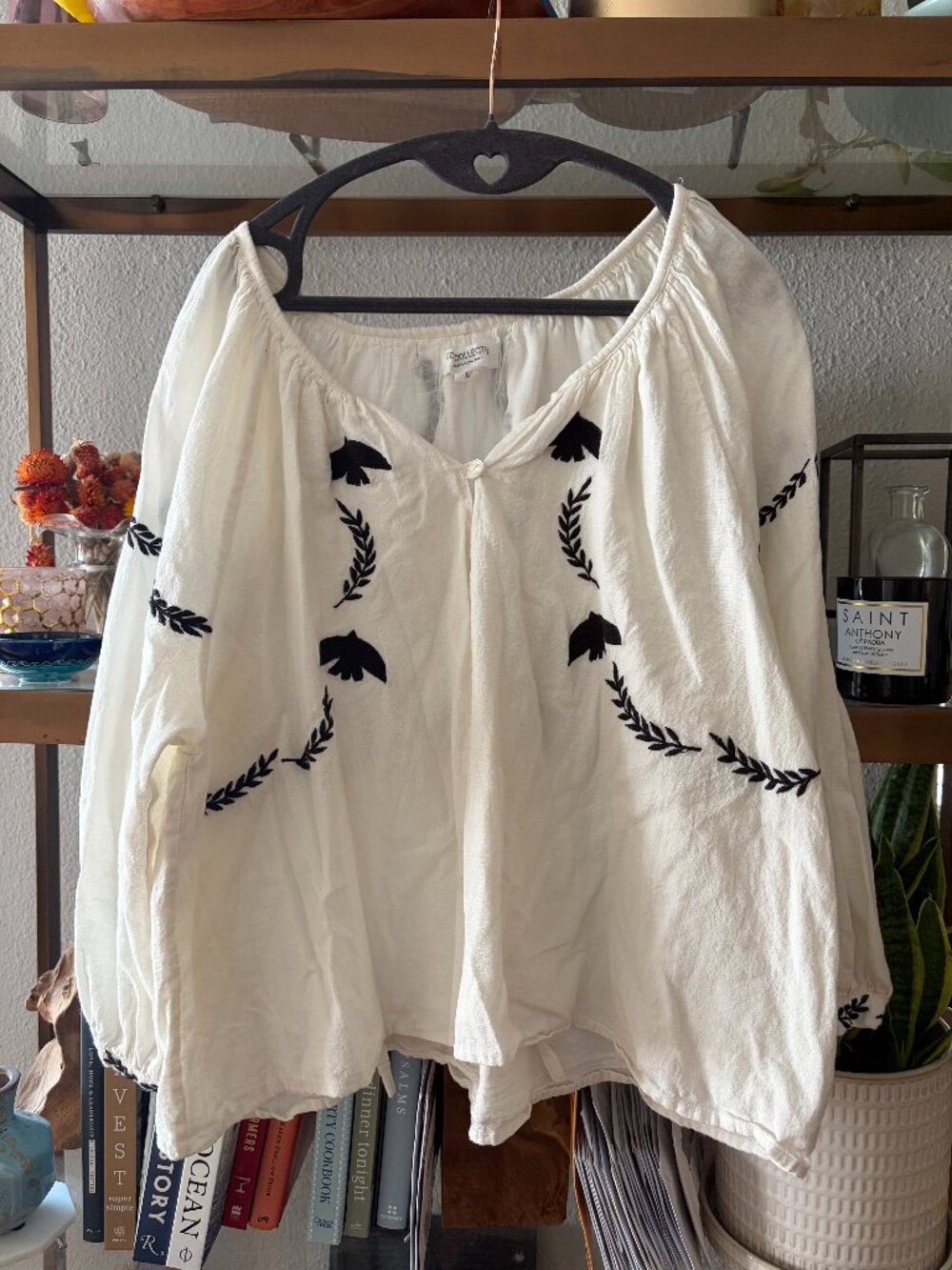 White Embroidered Peasant Blouse Long Sleeve Top